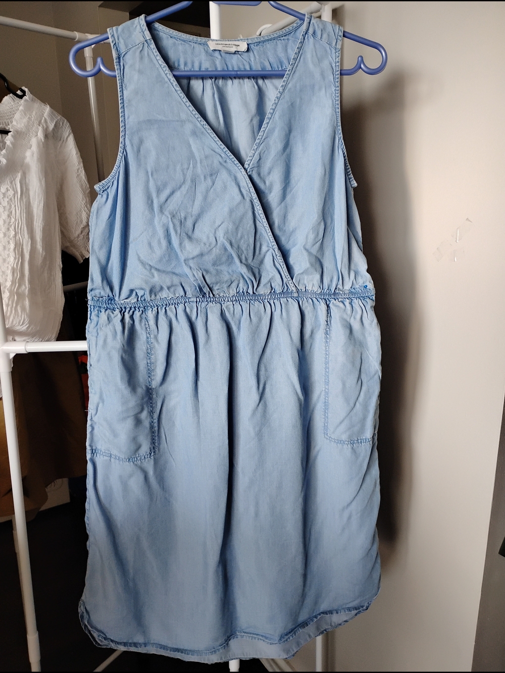 beachlunchlounge Women Light Blue Denim Sleeveless Chambray Wrap VNeck MiniDress